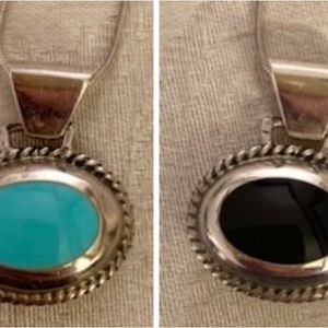 Pendant, 2 sided oval, silver, : black onyx/turquoise w/ 18” silver snake chain